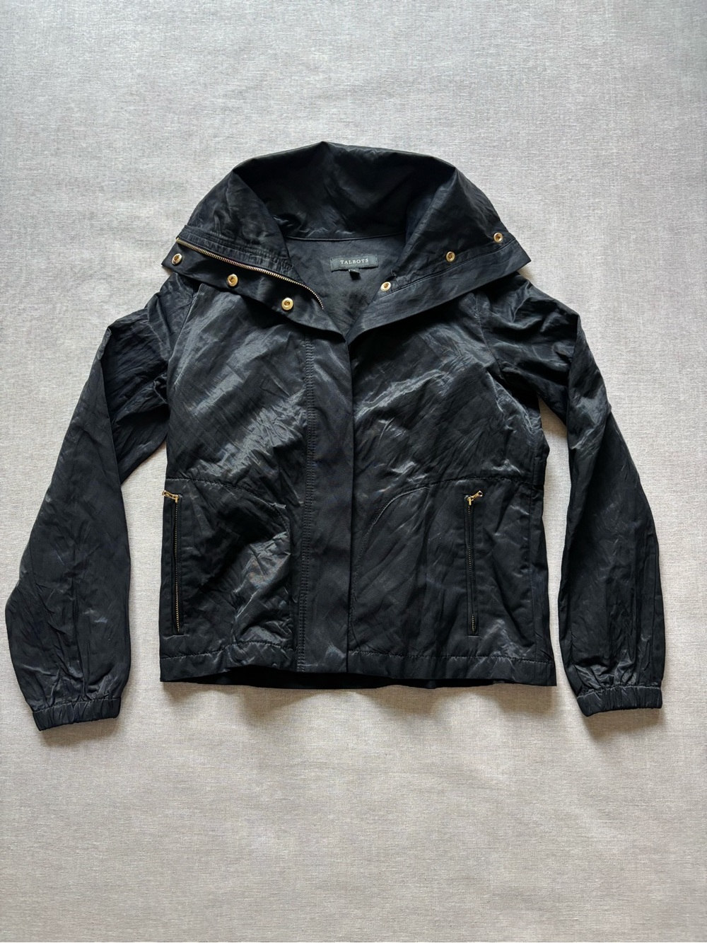 Talbots Black Nylon Windbreaker Rain Utility Jacket Cotton Metallic Gold Size 2
